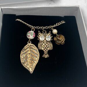 VTG Gold Tone Owl, leaf & Rose Charms Necklace & Chain Rhinestone Eyes 12" W/box